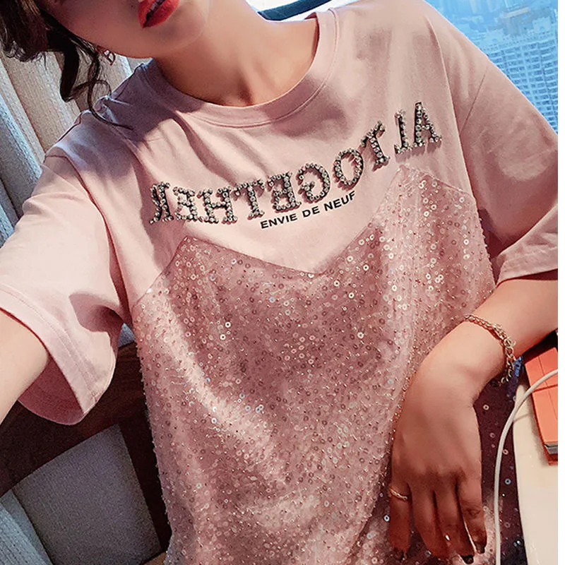 IHOBBY-vestido de lentejuelas para mujer, camiseta rosa a la moda, vestido informal de manga corta hasta la rodilla con letras Diomad, novedad de verano