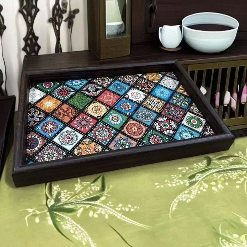 Bohemian-Stil Holztablett 30x20cm Handgefertigtes Schmuck-Aufbewahrungstablett Quadratisches Snack-Tablett für Schreibtisch, Eingangsbereich, Dekoration und Haushaltsaufbewahrung