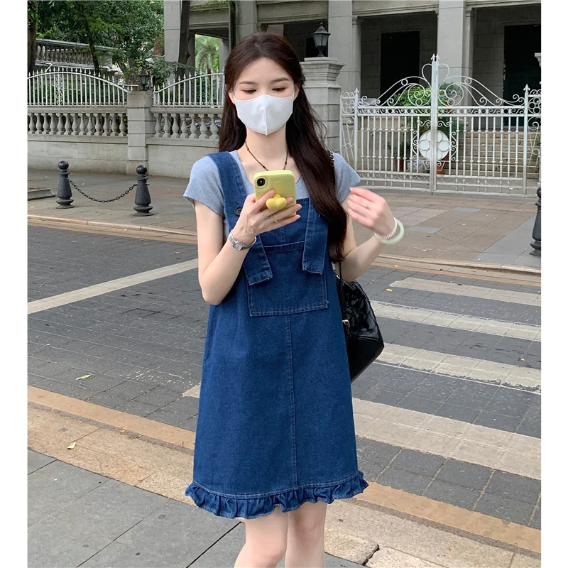 Korean Style Women's Summer Denim Dress 2023 New Casual Ruffle Sleeveless Straight Strap Dresses Chic Student Lady Outfit