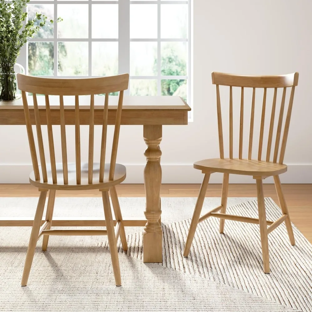 Windsor Collection Dining Chairs, Set of 2, Transitional Style, High Back Spindle Design, Light Brown Finish