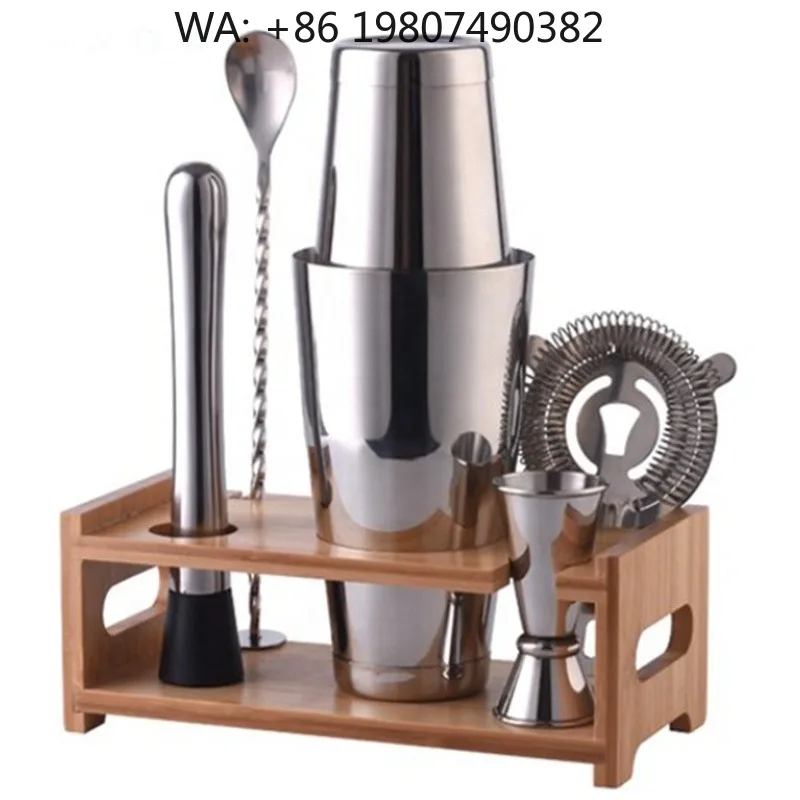 Bamboo Stand Compact Bartender Tool Set, 7Pcs Stainless Steel 750ml Boston Cocktail Shaker Full DIY Drink Mixing Accessories