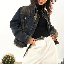 American Fake Two-piece Short Denim Jacket Women Retro Western Cowboy Double Necked Motorcycle Jackets Cool Girls Streetwear