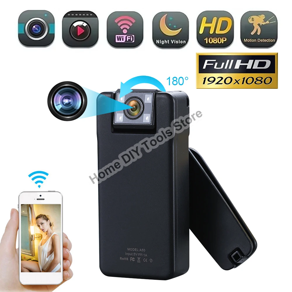 

A50 1080P Mini Digital Camera WIFI Remote Control 150 Degrees Wide Angle Rotation Lens Bodycam Sports DV with Rotating Back Clip