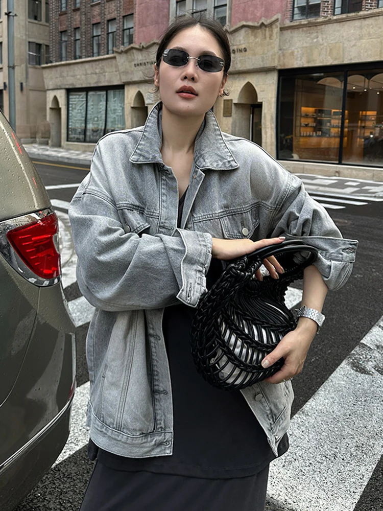 FANAN Vintage lavé Denim vestes pour femmes revers simple boutonnage à manches longues mode Streetwear manteaux femme 2025 automne nouveau