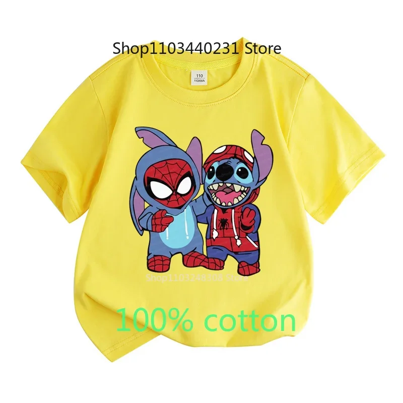 Summer Children 100% Cotton Fashion Clothes Tops Stitch Cartoon Anime Round Neck Short-sleeved T-shirt Boys Girls Toddler 2-15Y