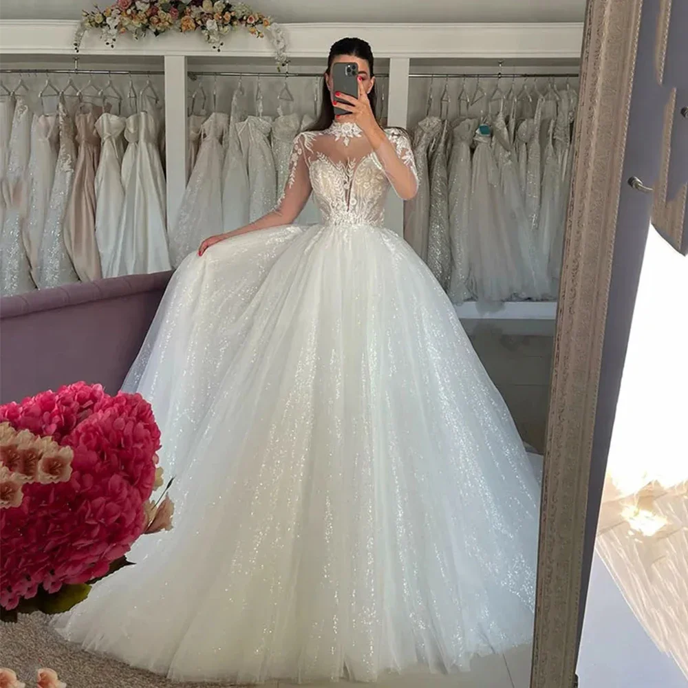 

Elegant Long Sleeve Mermaid Wedding Dresses High Collar Exquisite Lace Appliques Fluffy Mopping Bride Gowns Women Customized