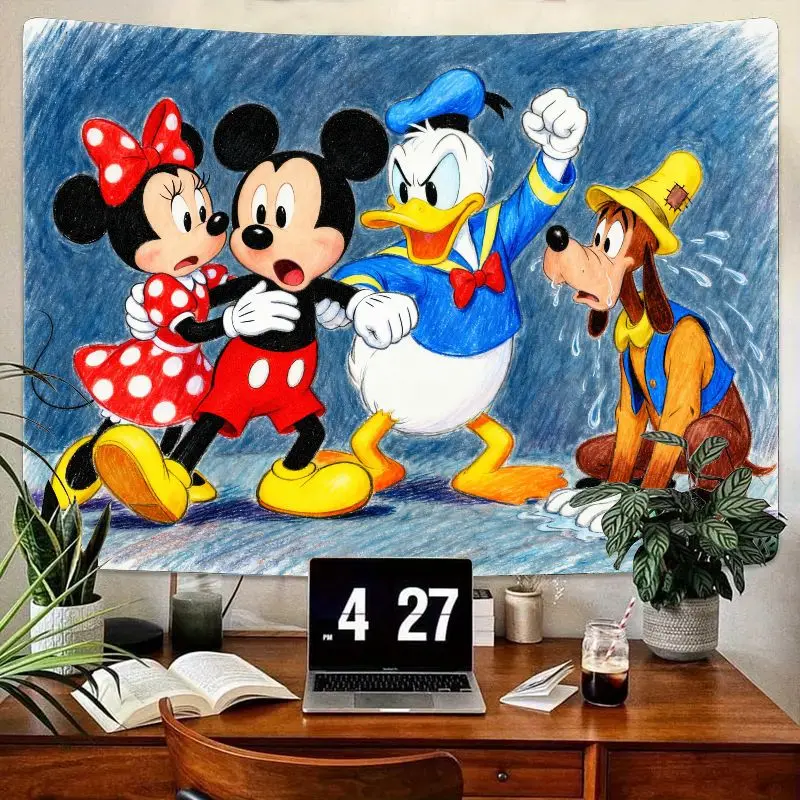 

1PC Disney Mickey Minnie Donald Goofy Conflict Tapestry, Retro Colored Pencil Wall Art for Bedroom Living Room Dorm Decor Gift