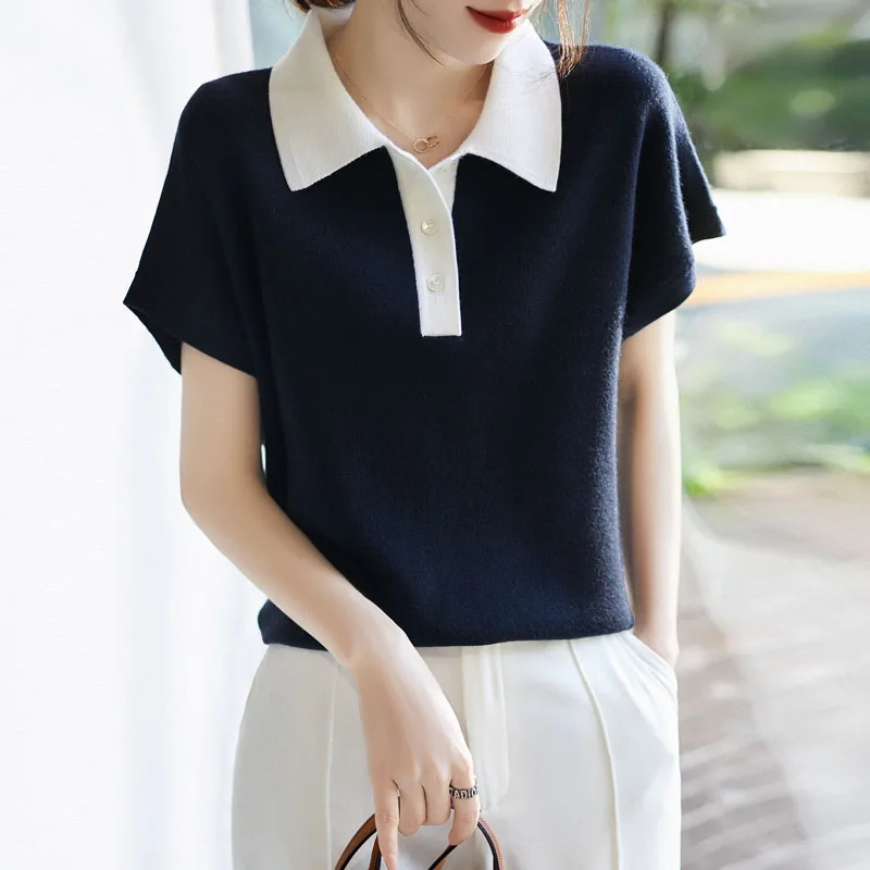 

Модный вязаный свитер с отложным воротником, женские пуловеры, вязаный свитер с короткими рукавами, пуловер, женские топы Sueters De Mujer Q2715