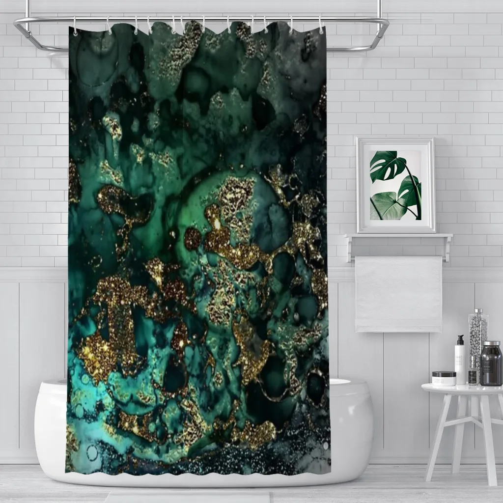 Gold Indigo Faux Malachite Marble Shower Curtain for Bathroom  Aesthetic Room Decoration