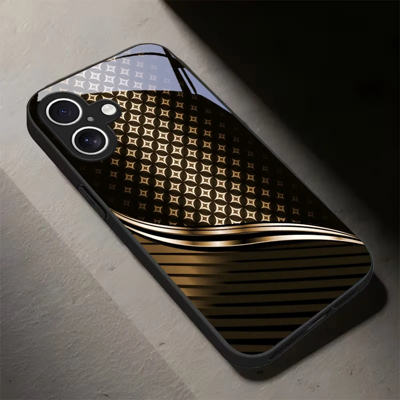 Coque de téléphone en verre noir à motif doré circulaire pour iPhone 18 17 Air 16 E 15 Plus 14 Pro Max 13 12 mini 11 7 8 Plus XR Xs, coque noire