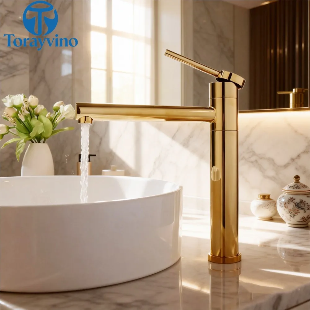 Torayvino Bathroom Basin Faucet Deck Mounted Stream Gold Plate/Gold Brushed/Matte Black Single Hole Hot Cold Water Mixer Taps