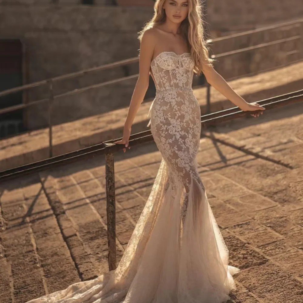 레이스 보헤미안 맞춤 웨딩드레스 머메이드 백리스 럭셔리 브라이덜 가운 스위트하트 네크라인 신부 가운 일루젼 웨딩드레스