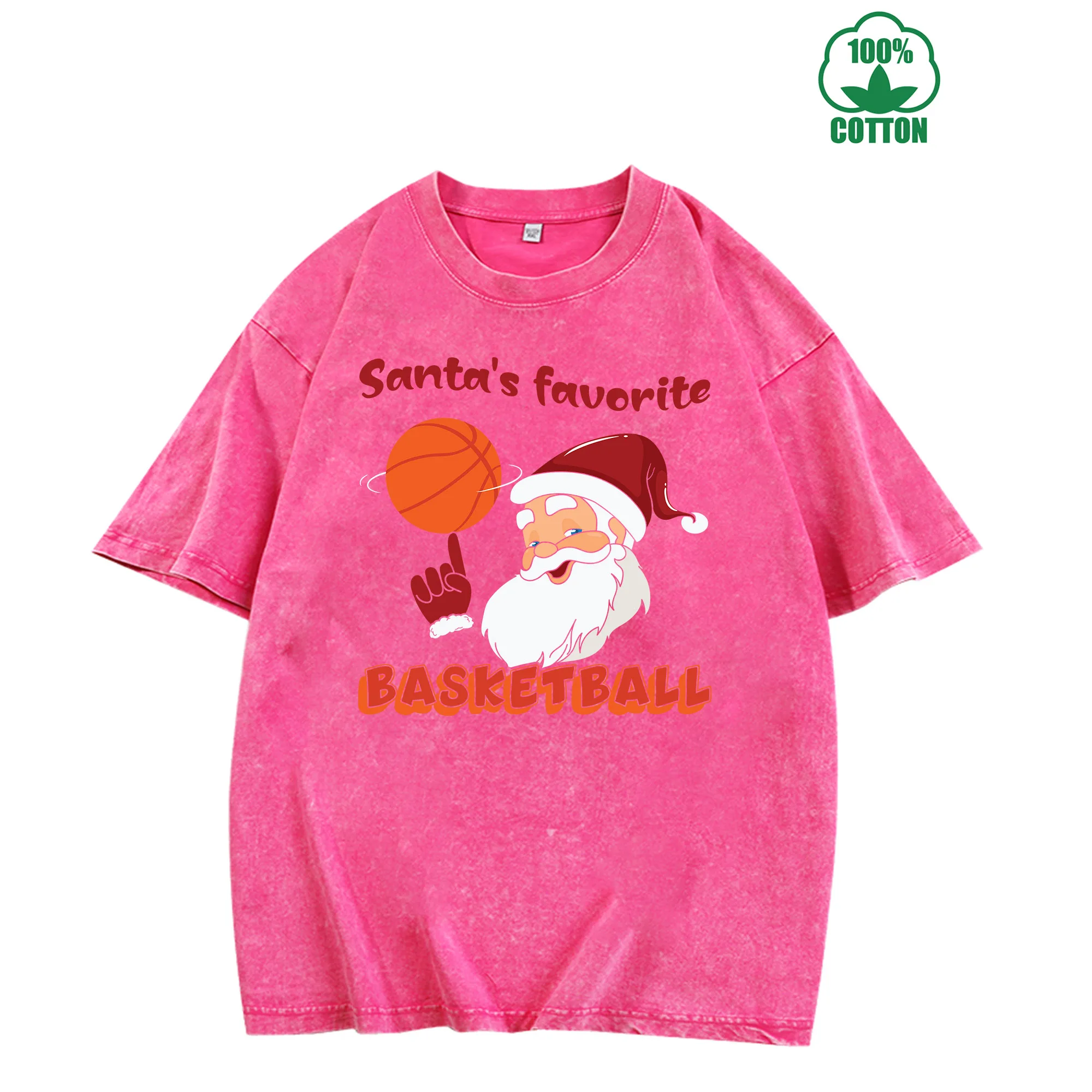 تي شيرت كلاسيكي مغسول لعيد الميلاد بكرة السلة 230 جرام 100% قطن للجنسين مريح كبير الحجم ملابس الشارع