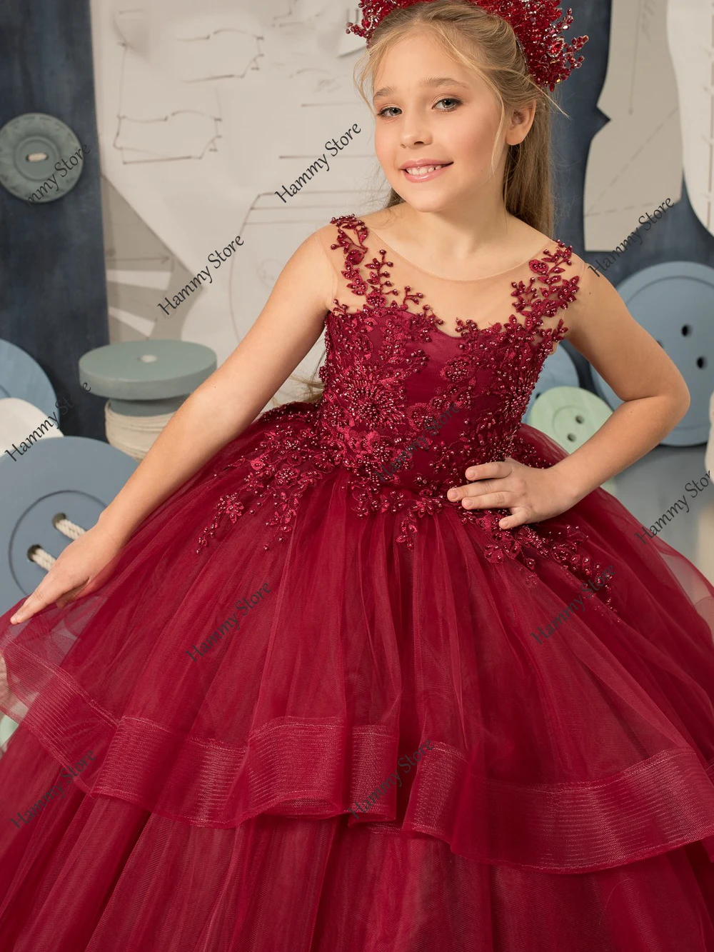 Yipeisha Burgundy Puff Flower Girl Dress Sleeveless Scoop Neck Applique Sequin Birthday Party Gown Kids First Communion Dresses