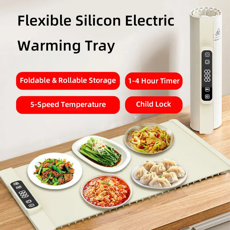 300W Flexible Silicon Electric Warming Tray,Foldable Food Warmer,Fast Heating,60°-100°C 5-Speed Temperature,1-4 Hour Timer