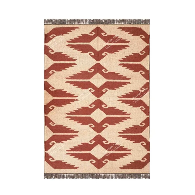 Bohemian Vintage Large Area Rug Off White with Brown Design Rug Fringe Jute Rug