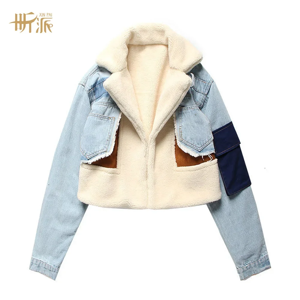 

European and American style denim splicing lamb wool short trend plus cashmere quilted jacket