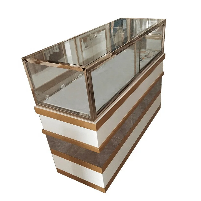 Metal Frame Jóias Display Table Showcase, Custom, Perfume Shop, Glass Counter, Retail Showcase com Luz