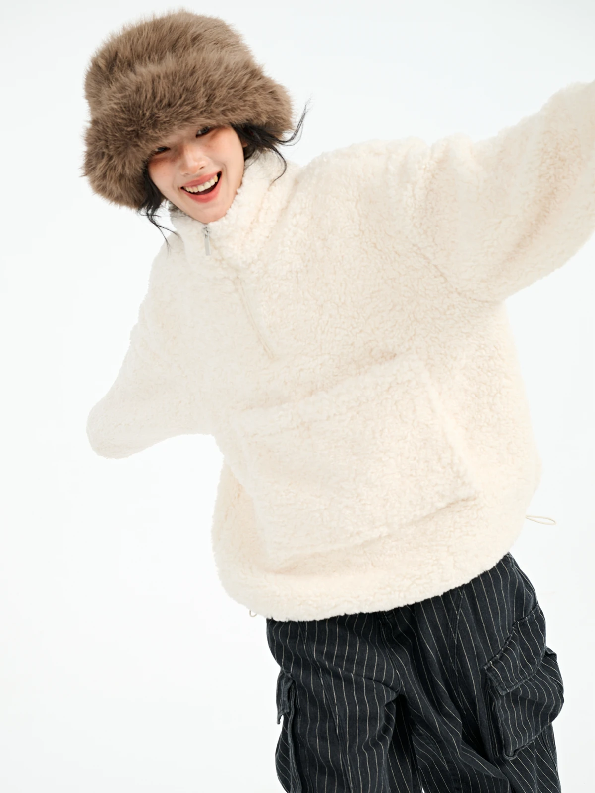 

Couple's Thiened Autumn Winter New Sle Japanese Design Lamb Fur Hooded Coat ex Polyester Outerwear