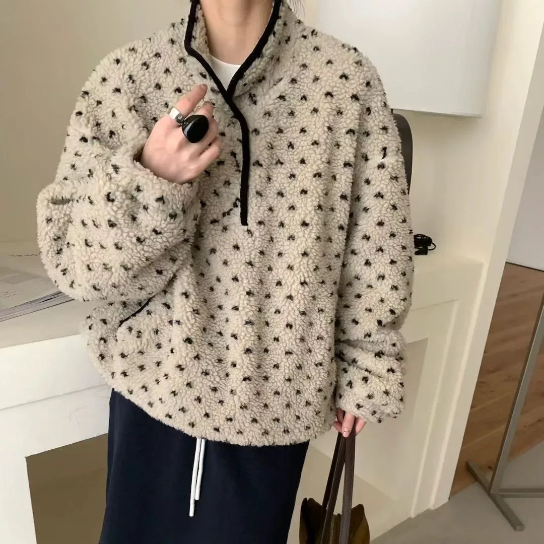 Retro Polka Dot Stand Collar Sweatshirt Loose Casual Fleece Hooded Top Women's Fashion Korean Style Long Sleeve Winter Coat
