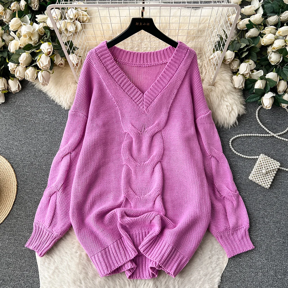 Croysier Winter Clothes Women 2023 Long Sleeve Oversized Pullover Casual Jumper Woman Ribbed Trim V Neck Knit Sweater Pullover