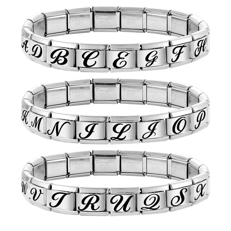 Laser Engraving 26 English A-Z Letters Black Italian Charm Links Fit 9mm Stainless Steel Bracelet DIY Making Jewelry Wholesale