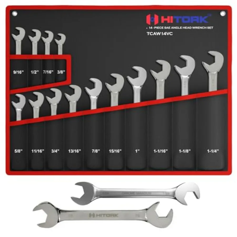 

Angle Wrench set 14 piece SAE Sizes 3/8 to 1-1/4 inch V Groove Chrome plated CrV Steel Mirror Finish 15° and 60° Offset with Ro