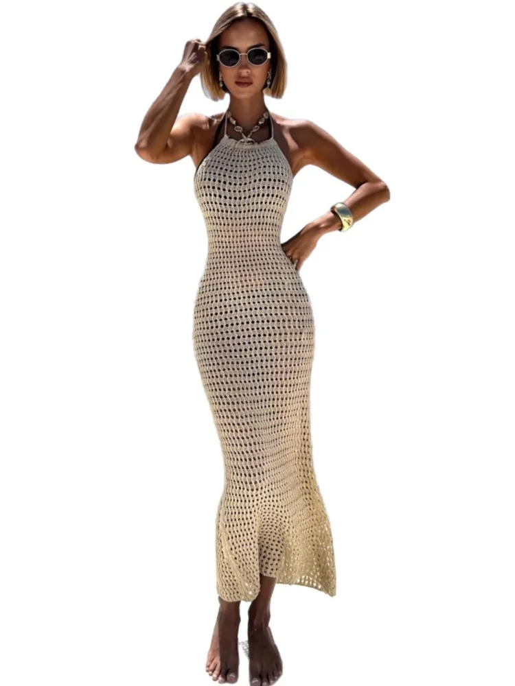 Robe de plage en tricot pour femmes, Sexy, ajourée, col rond, sans manches, Cover-Up pour Bikini, robe de vacances, été, 2026