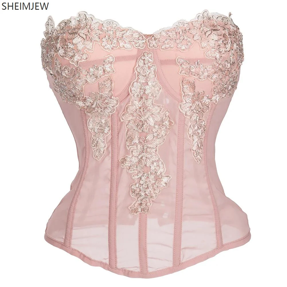 Medieval Victorian Padded Push Up Corset Pink Floral Embroidery Applique Sheer Mesh Top Women Elegant Sexy Gothic Costumes New