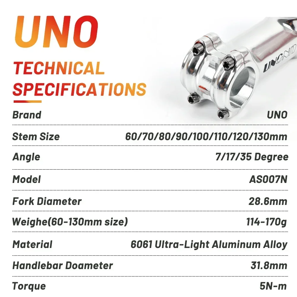 UNO Silver Bike Stem 7/17/ 35 Degrees 60/70/80/90/100/110/120/130mm MTB Road City Bike Handlebar Riser Ultralight Bicycle Stem