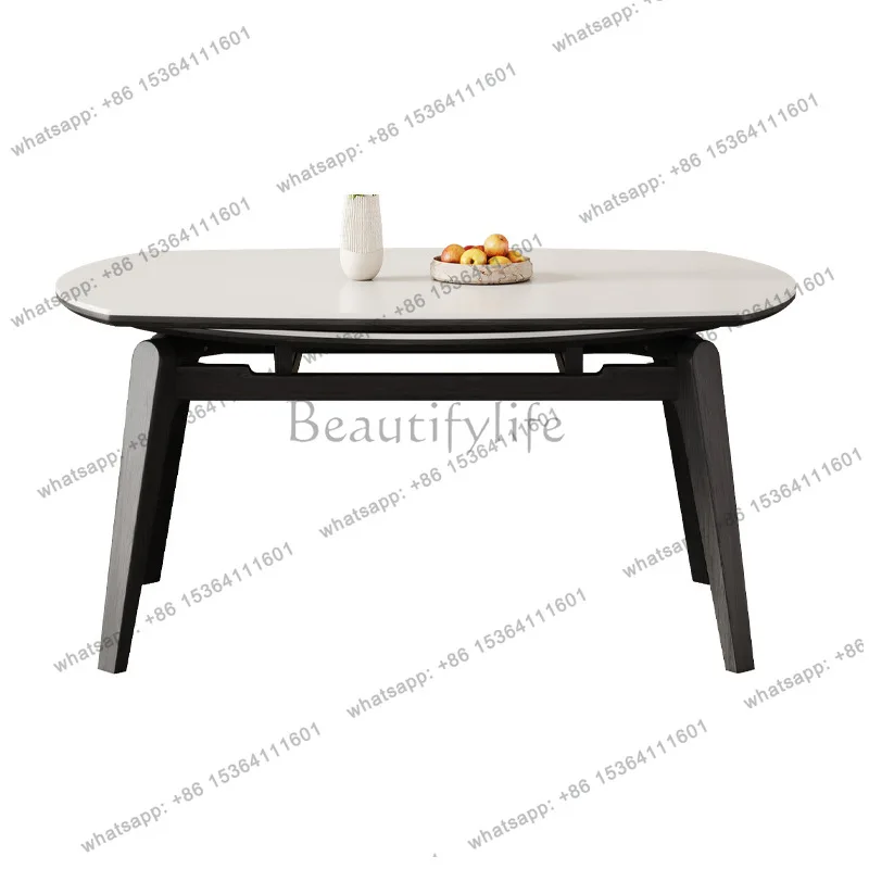 

French slate dining table black modern simple solid wood round small apartment retractable