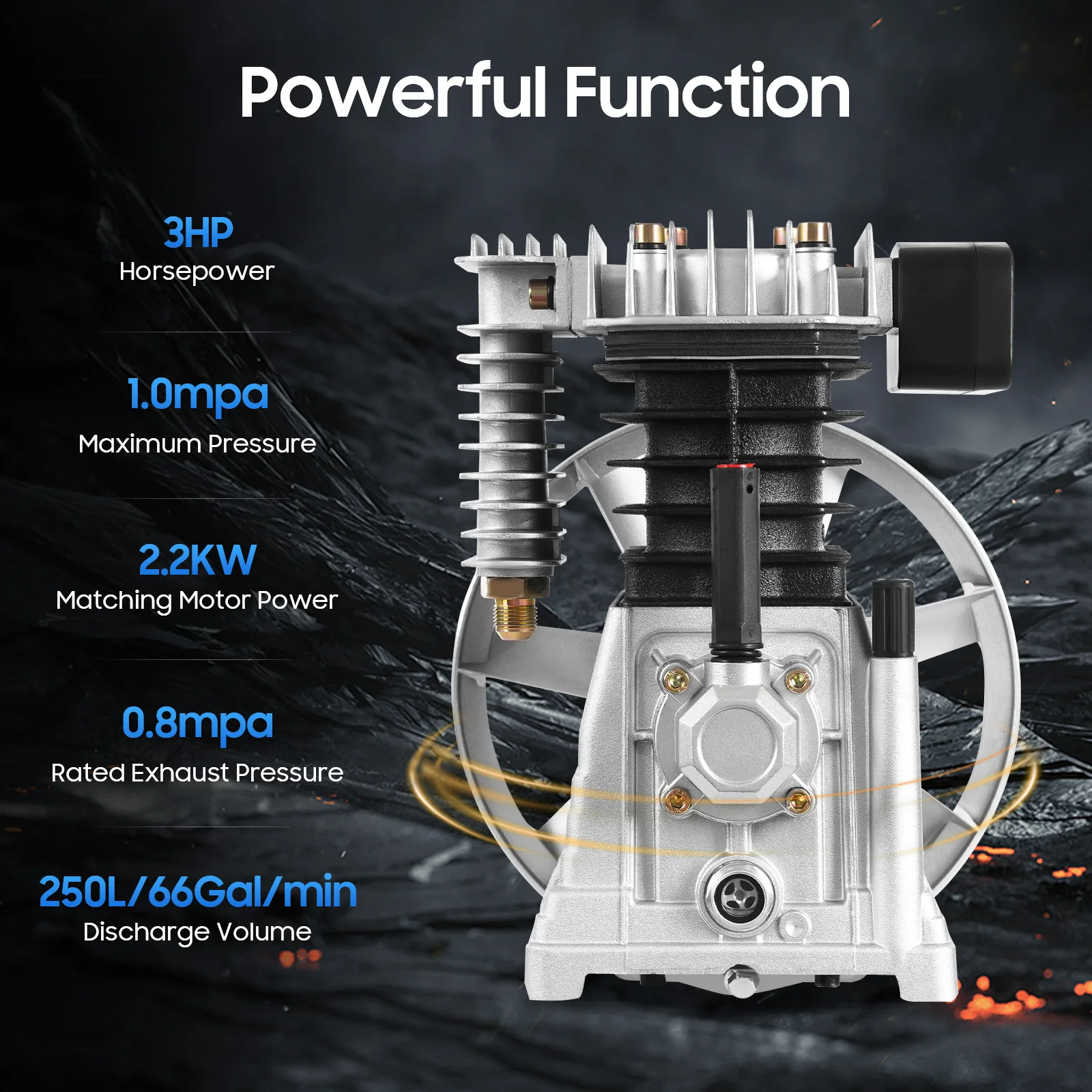 3HP Air Compressor Pump Cylinder Compressor Head Industry Compressed Air 2.2KW 250L/66GAL/min