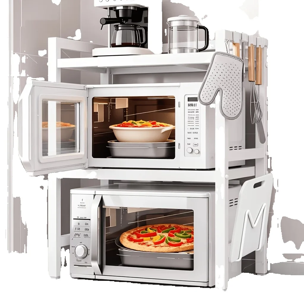 Verstellbares 3-stufiges Küchen-Mikrowellenregal, erweiterbar von 38 cm bis 64 cm, Arbeitsplatten-Organizer mit 6 Haken, Messerhalter, Utensilienkorb und Schneidebretthalter für die Aufbewahrung von