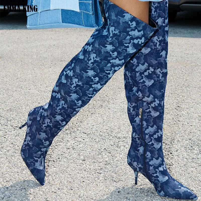 

2024 Autumn Winter Women Thigh High Boots Blue Denim Slouchy Over The Knee Boots Side Zipper Pointed Toe High Heels Women Boots