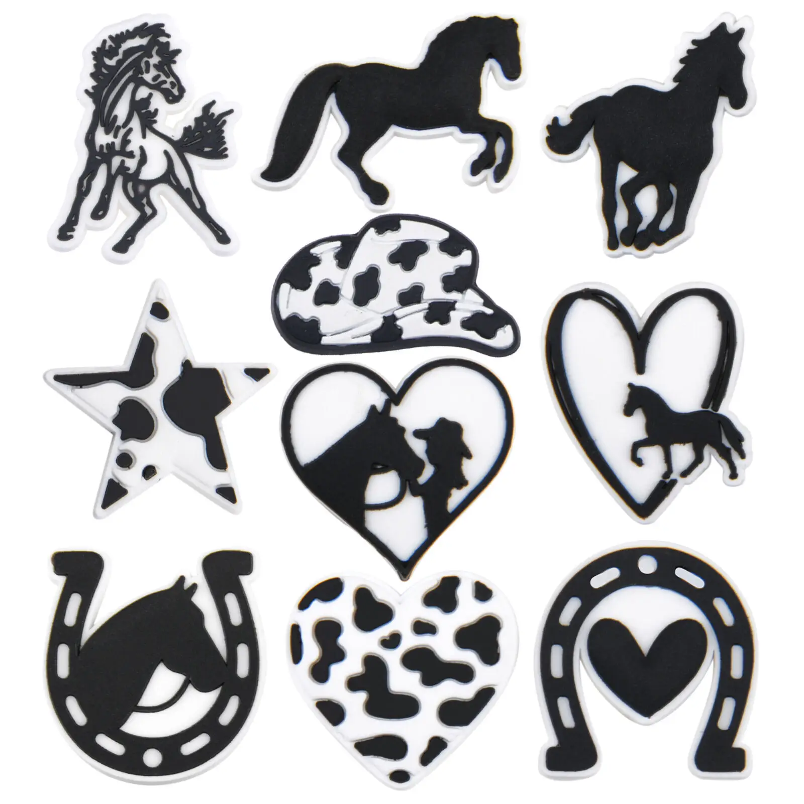 1-10pcs Horse Riding Sport Shoe Charms Black Horse Shoe Decoration Heart Location Clog Charms Boyfriend Gifts