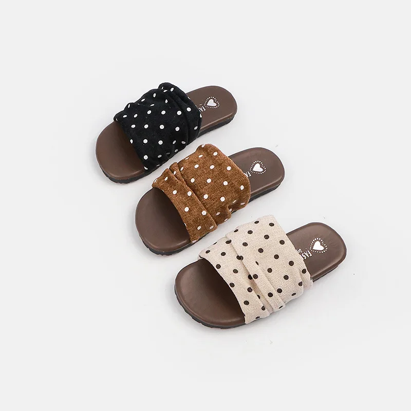Toddlers Girls Polka Dot Slide Slippers Summer Open-toe Children Flat Sandals Breathable Non-slip Kids Outdoor Beach Slippers