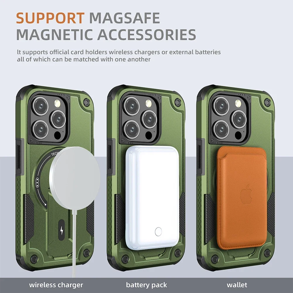 حافظة هاتف غير مرئية بحامل Magsafe لهاتف آيفون 17 16 15 14 11 13 12 Pro Max Plus غطاء صلب مضاد للسقوط