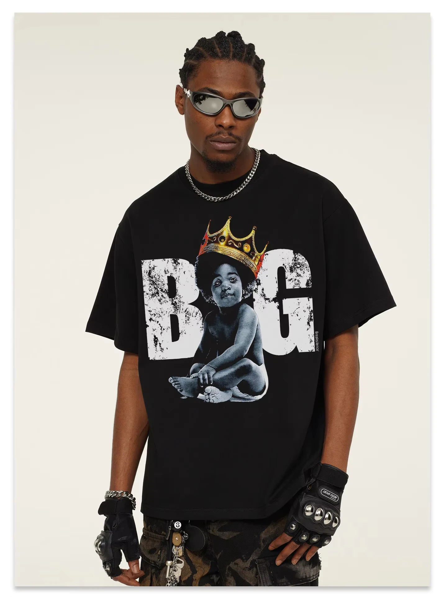 

American Hip-hop B.I.G Street Fried Snow Print Short SleevePopular Brand Round Neck Pure Cotton Casual High-quality Men's Tee