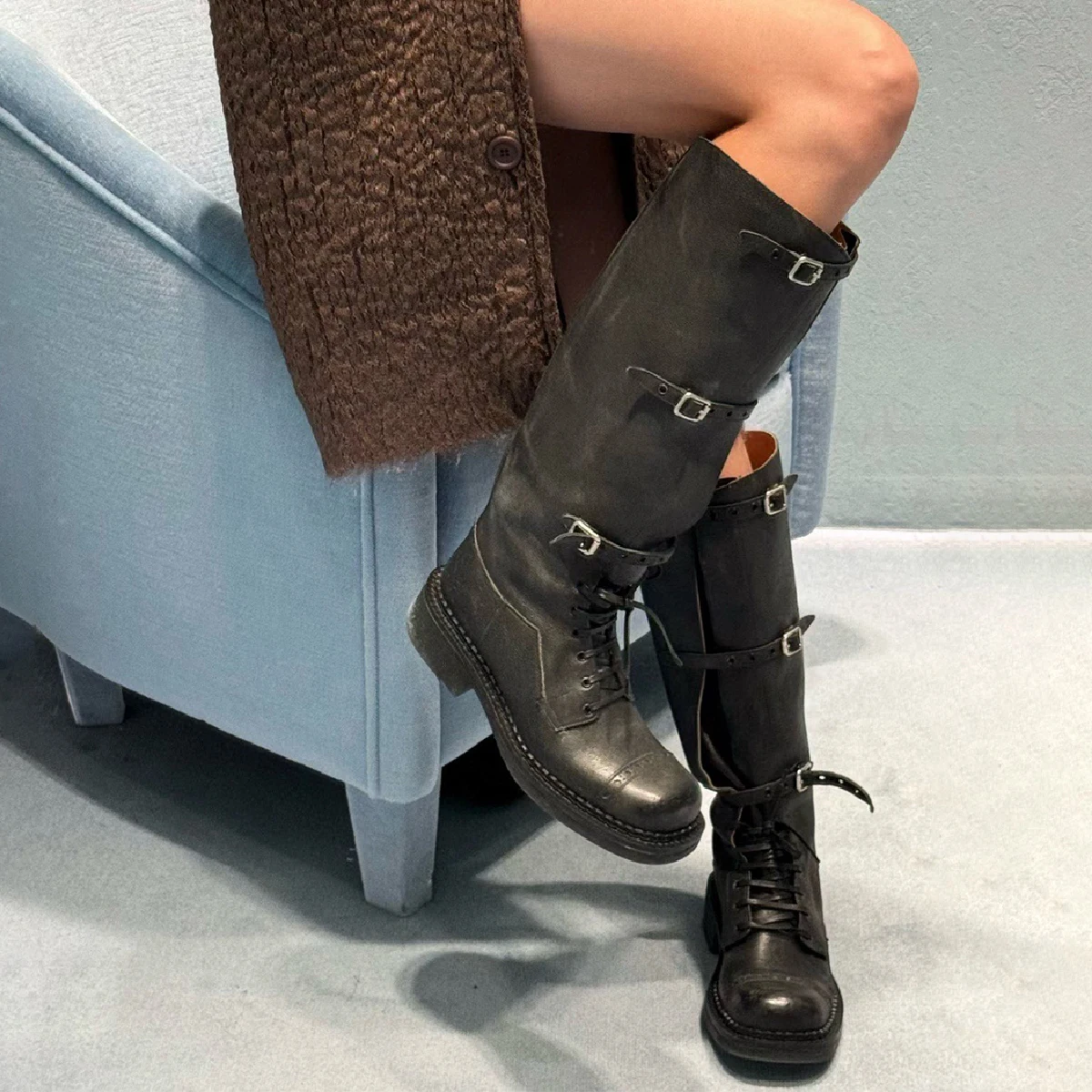 

NIGO Women's Retro Straps Rub Colour Mid-calf Rider Boots Biker Boots Do Old Fashionable Cool Hundred With Trend Shoes #NGSH1432