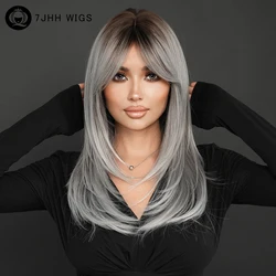 7JHH WIGS Long Straight Middle Part Brown Ombre Ash Wig for Women High Density Layered Hair Wigs with Dark Roots Heat Resistant