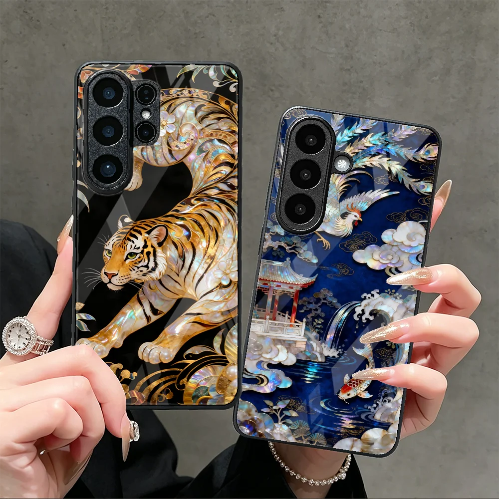 Phone Cover Glass Case for Samsung Galaxy S26 Ultra S20 S21 24 Plus S24 Ultra S25+ S22 S23 FE S26Ultra S23+ 25 Edge Crane Tiger