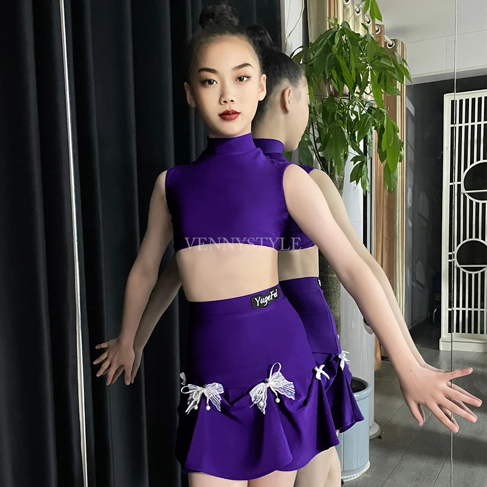 

Vennystyle Latin dance costume girls summer sleeveless mock neck crop top bow half skirt practice outfit Ballroom dance costumes
