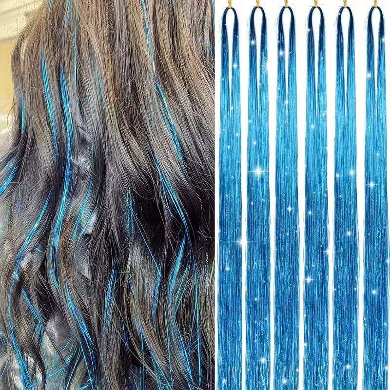 6 Pcs Colorful Hair Extensions Fairy Synthetic Hair Tinsel Kit Sparkling Glitter Tensile Hair Accessories for Daily or Festival