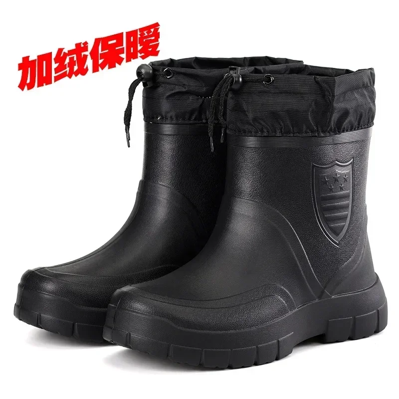 Windproof Cotton Rain Boots Men Warm Light Ankle Rainboots Fashion Black Slip on Rain Shoes Men Waterproof Work Boot2024