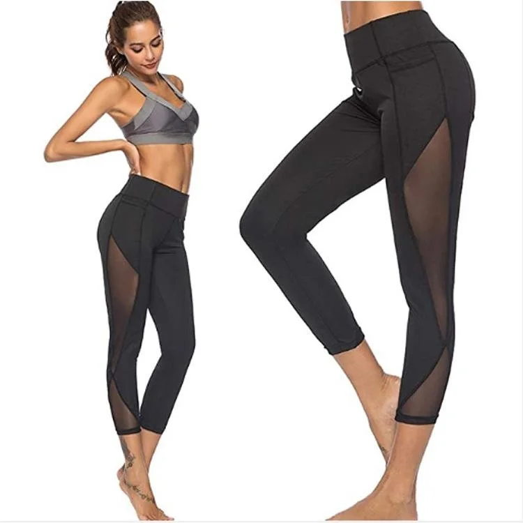 Women's Mesh Lace Yoga Training Pants Eight Point Long Base Layer Trousers Pure Color Design Other Material 100%