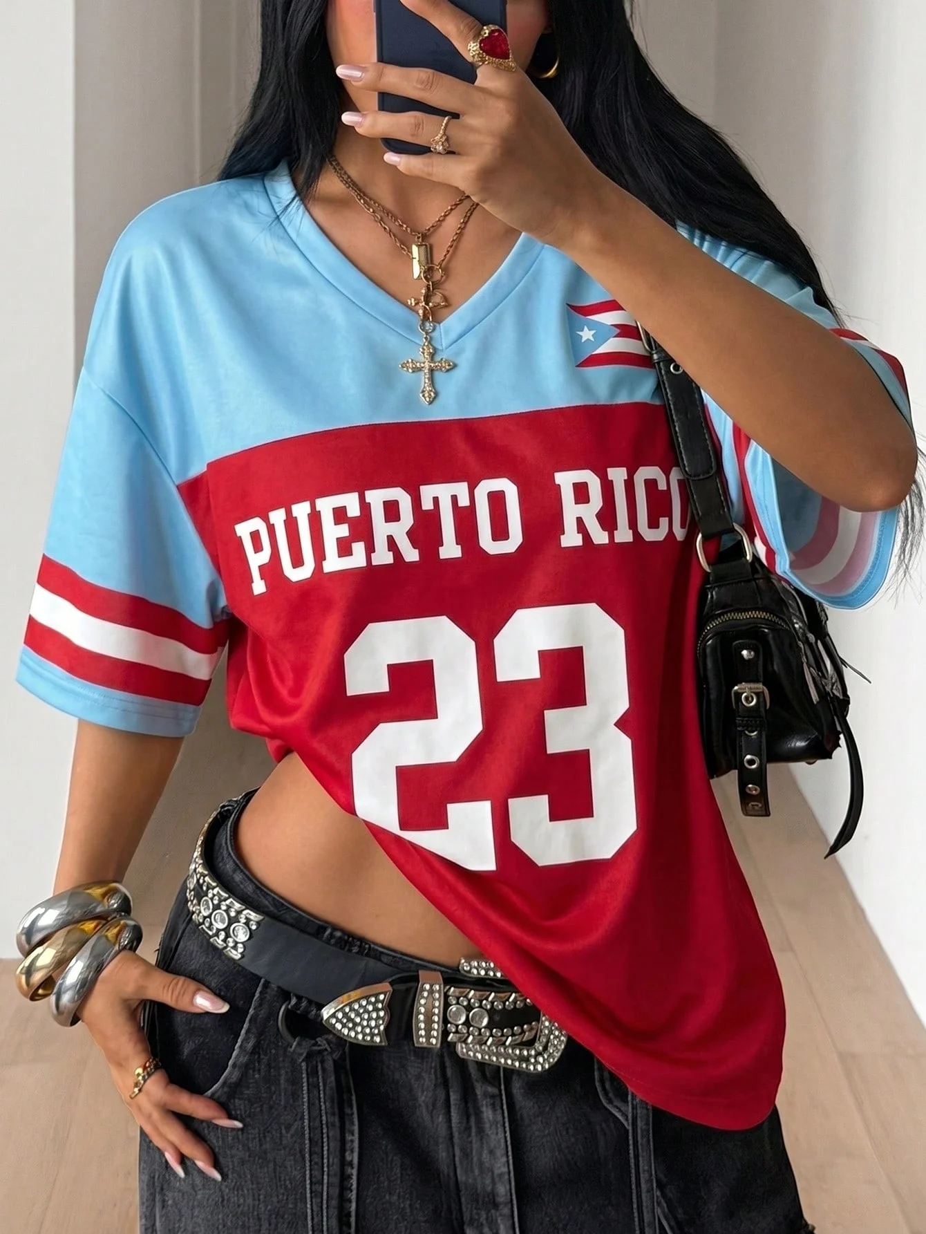 Red and Blue Retro Puerto Rico Style 23 Sports Jersey T Shirt Summer Short Sleeve Loose Fit Sporty Stylish Y2K Women Tops Tee