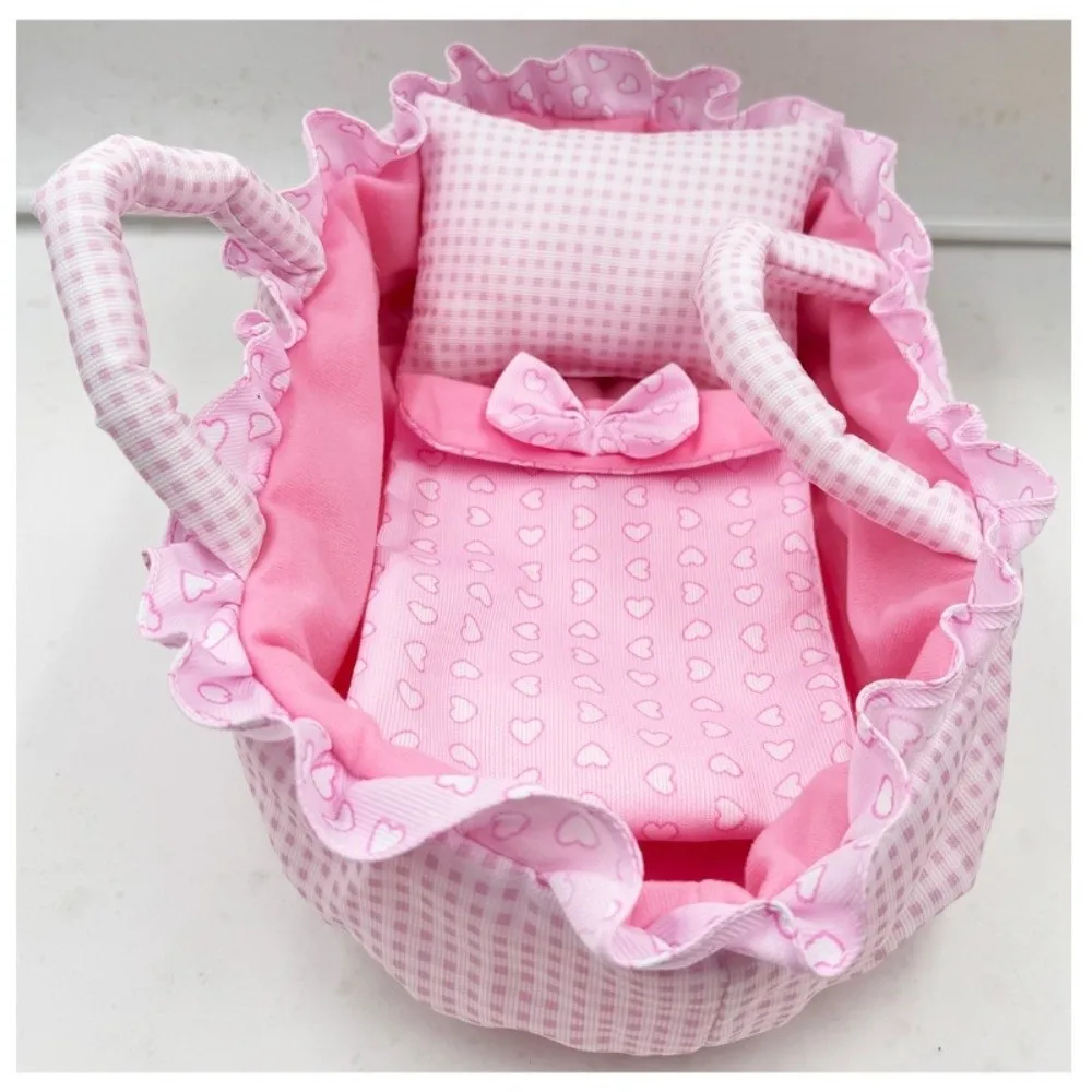 Hand-pull Design Doll Basket Soft Ruffled Design Dollhouse Accessories Pink Gingham Washable Material Pretend Play Toys view 5