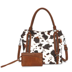 2PC Set Women tote bag classic PU leather cow pattern large capacity front outer large pocket crossbody bag casual business ba