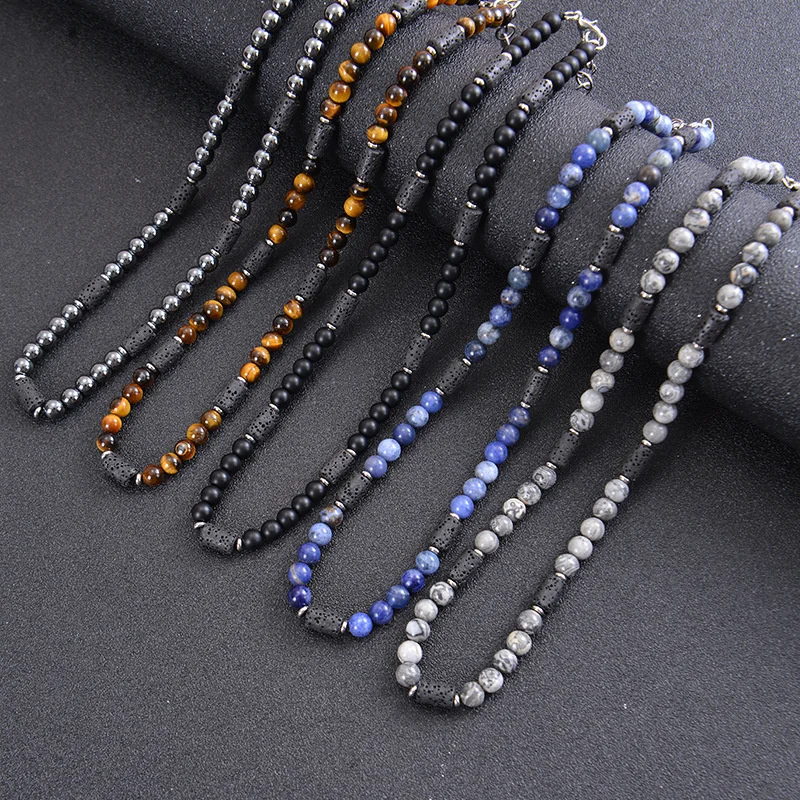 Vintage  Men Geometric 6mm Natural  Stitching  Eye Sodalite Bead Necklace  Jewelry Collares Pet memorial Urn Human cremation urn