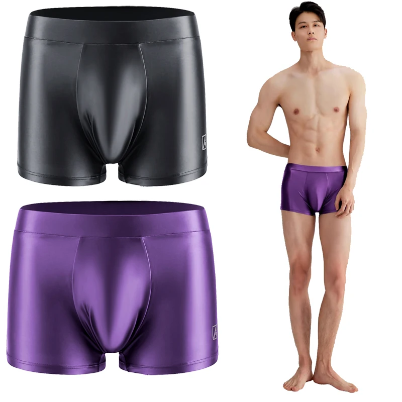 

sexy men glossy underpants Silk Slippery High Elastic Boxer Brief oily shinny ventilation shorts underwear swimming trunks